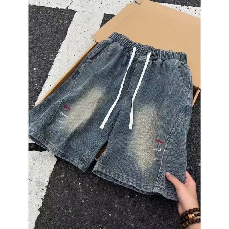 Unisex Vintage Washed Drawstring Waist Denim Shorts Casual Summer Streetwear Five-Point Shorts Gender-Neutral Design_mkmklike.com