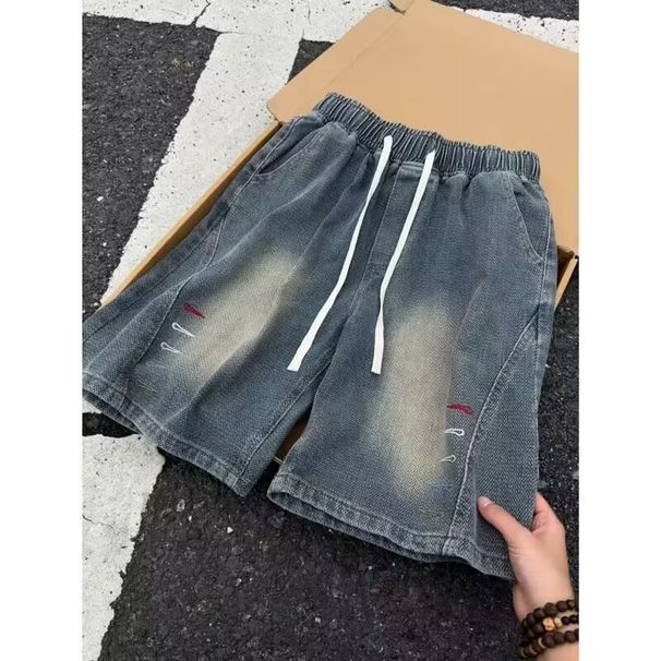 Unisex Vintage Washed Drawstring Waist Denim Shorts Casual Summer Streetwear Five-Point Shorts Gender-Neutral Design_mkmklike.com