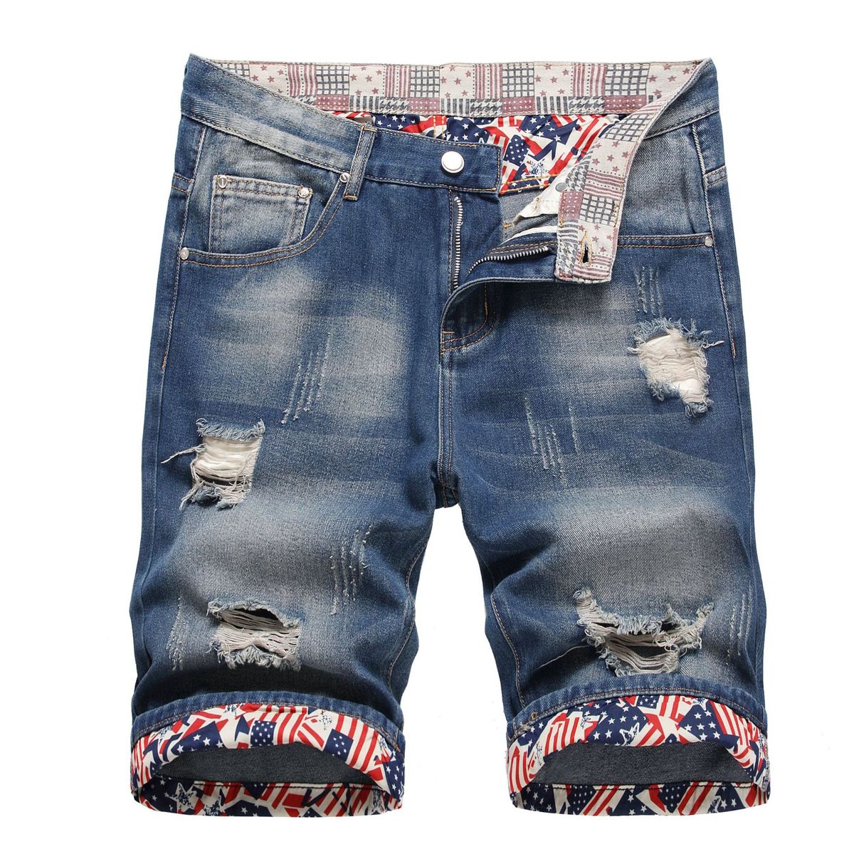 "Men's Distressed Denim Shorts – Trendy Ripped Five-Point Cut With Mid-Waist Straight Fit (Sizes 28-42, Bluish/Black)"_mkmklike.com