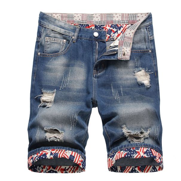 "Men's Distressed Denim Shorts – Trendy Ripped Five-Point Cut With Mid-Waist Straight Fit (Sizes 28-42, Bluish/Black)"_mkmklike.com