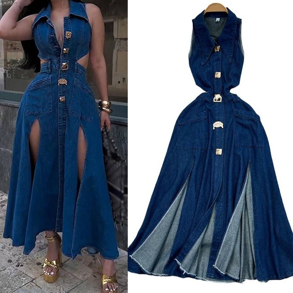 Women's Clothing Retro Lapel Hollow Waist Exposed Waist Slimming Sleeveless Single Breasted A Line Slit Denim Dress Casual Long Skirt_mkmklike.com