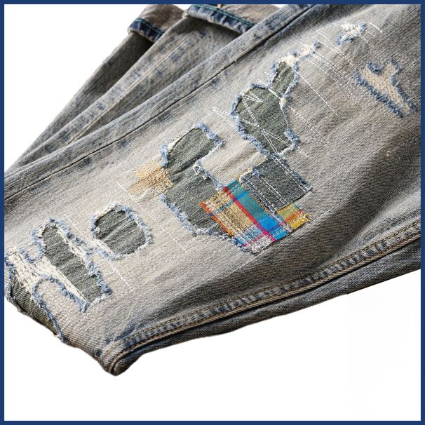 Men's Straight Fit Distressed Patchwork Jeans - Mid Rise Zip Fly Denim Pants With Standard Fit & 12oz Fabric_mkmklike.com