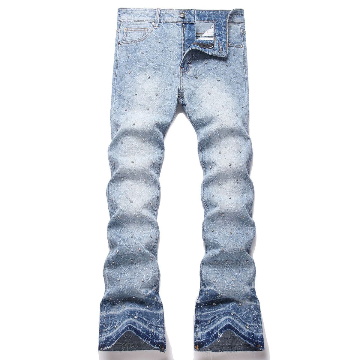 Men's Clothing Fashionable Blue Flared Jeans With Shine Rhinestones - Stylish Streetwear For Youth - Comfortable Cotton Denim With Mid Waist & Zip Fly_mkmklike.com