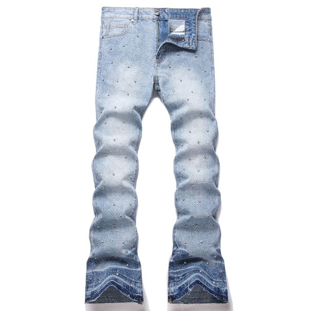 Men's Clothing Fashionable Blue Flared Jeans With Shine Rhinestones - Stylish Streetwear For Youth - Comfortable Cotton Denim With Mid Waist & Zip Fly_mkmklike.com
