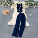 Temperament Design Metallic Buckle Round Neck Sleeveless Vest+High Waist Wide Leg Pants Denim Set For Women_mkmklike.com