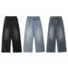 Men's Retro Black And Gray Elastic Waist Jeans Loose Straight Leg Wide Leg Floor Length Pants Unisex_mkmklike.com