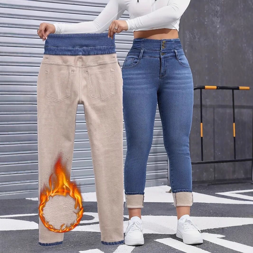 Fleece Lined Women's Jeans High Waisted Slim Fit Plus Size Denim Jeans Relaxed Everyday Wear Versatile Comfortable Feshion Trend_mkmklike.com