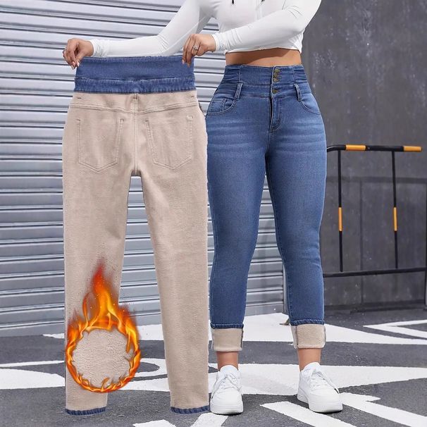 Fleece Lined Women's Jeans High Waisted Slim Fit Plus Size Denim Jeans Relaxed Everyday Wear Versatile Comfortable Feshion Trend_mkmklike.com