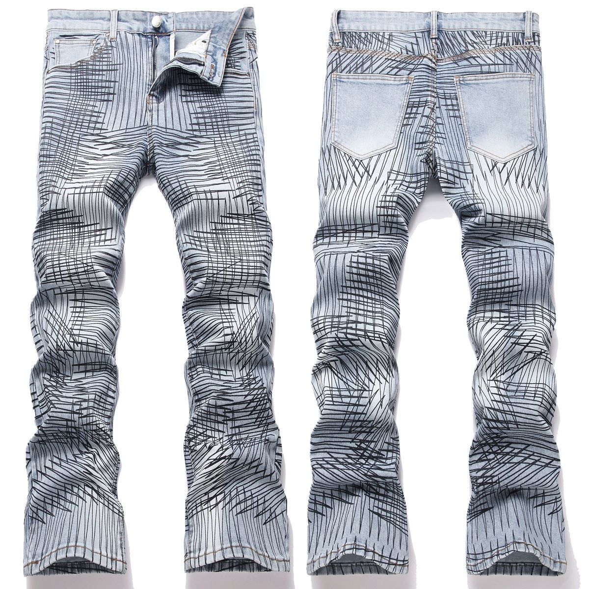 In Stock New High Slim Fit Flared Jeans Personality Print Messy Line Youth Men's Street Style Slimming Bell Bottom Pants_mkmklike.com