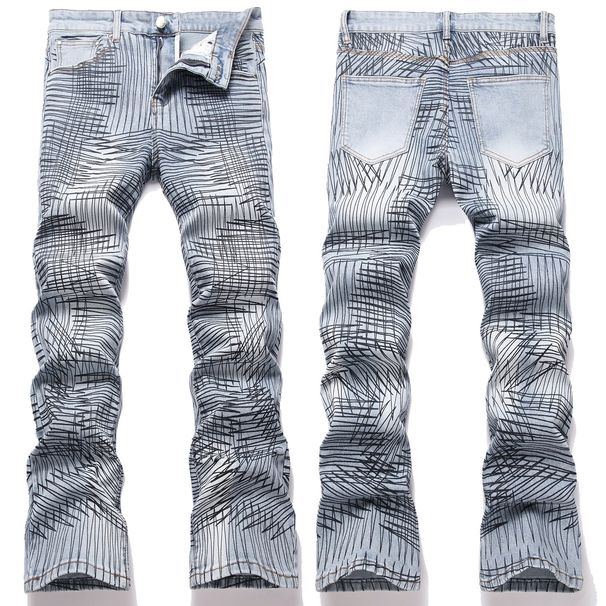 In Stock New High Slim Fit Flared Jeans Personality Print Messy Line Youth Men's Street Style Slimming Bell Bottom Pants_mkmklike.com