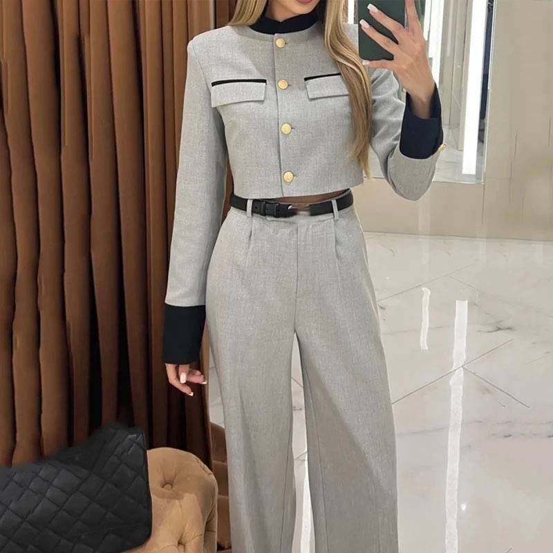 Women's Clothing fashion contrasting color small fragrance style elegant wide-leg trousers suit_mkmklike.com