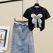 Women's Clothing new slim fit bow short sleeve + hot diamond split denim skirt ins_mkmklike.com