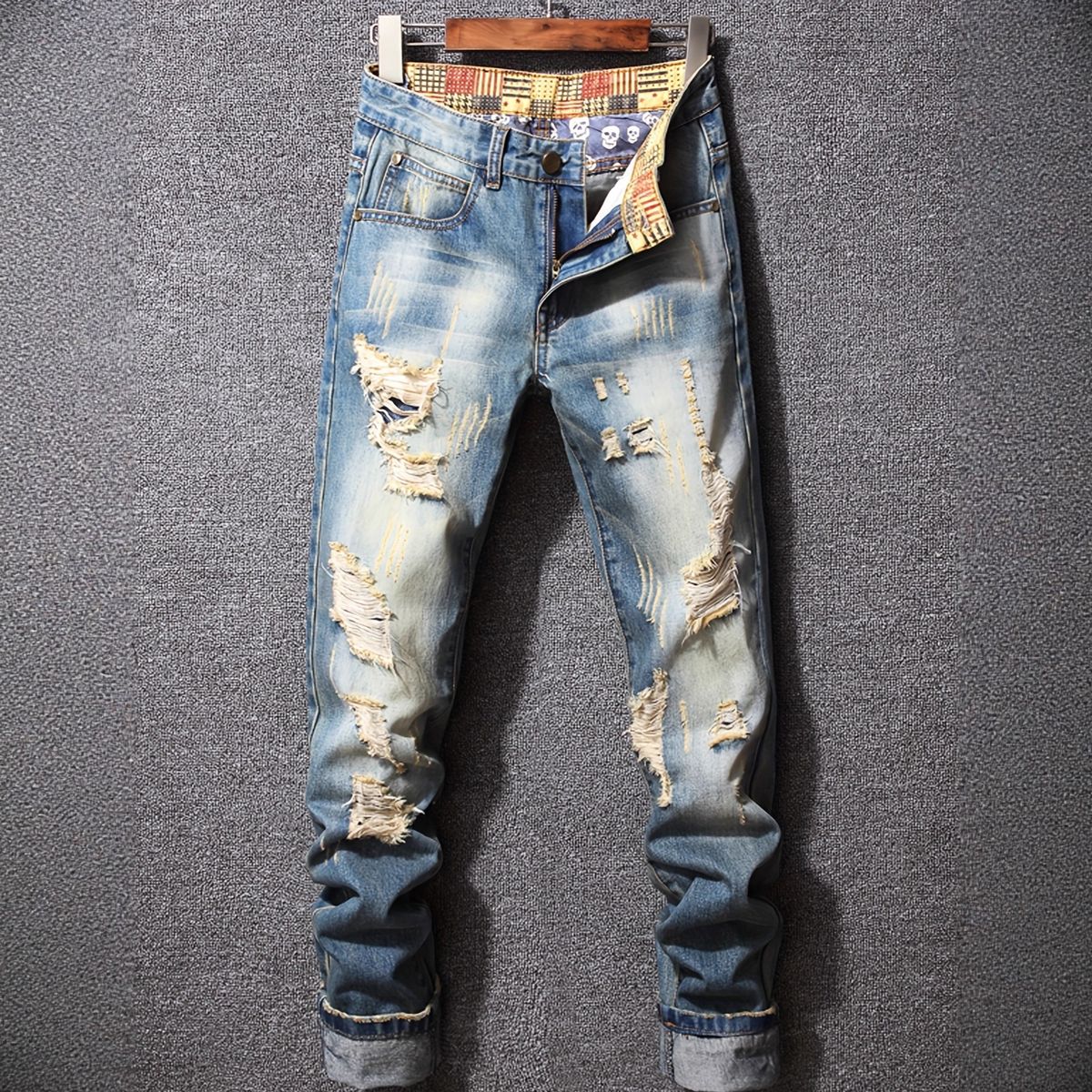 Men's Straight Leg Vintage Denim Jeans - Navy Blue Washed Cotton Pants With Distressed Details For Casual Streetwear_mkmklike.com