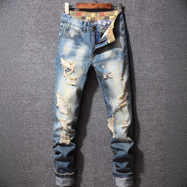 Men's Straight Leg Vintage Denim Jeans - Navy Blue Washed Cotton Pants With Distressed Details For Casual Streetwear_mkmklike.com