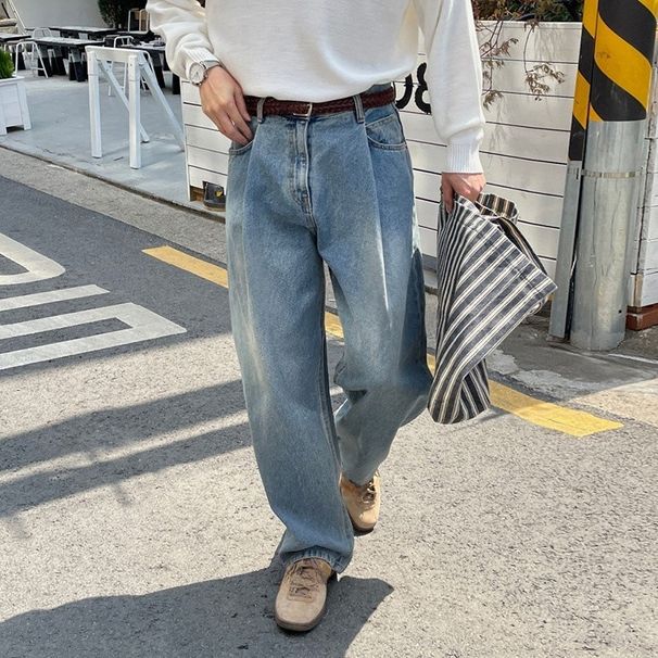 Men's High Quality Jeans Trendy Brand Loose Fitting Casual Trousers Spring Autumn Hong Kong Style Washed Distressed_mkmklike.com