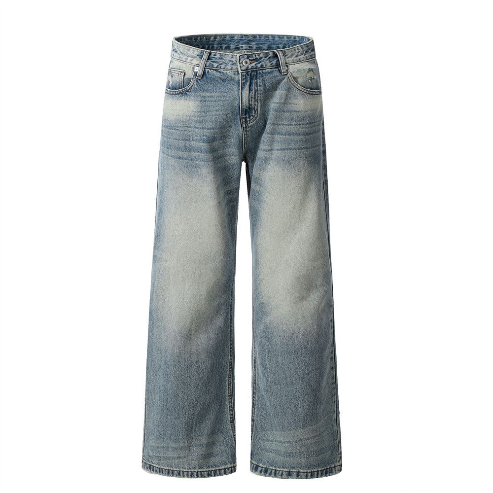 American Style Washed Jeans For Men Loose Trendy Brand Casual Straight Pants Draped Cool Wide-Leg Long Trousers_mkmklike.com