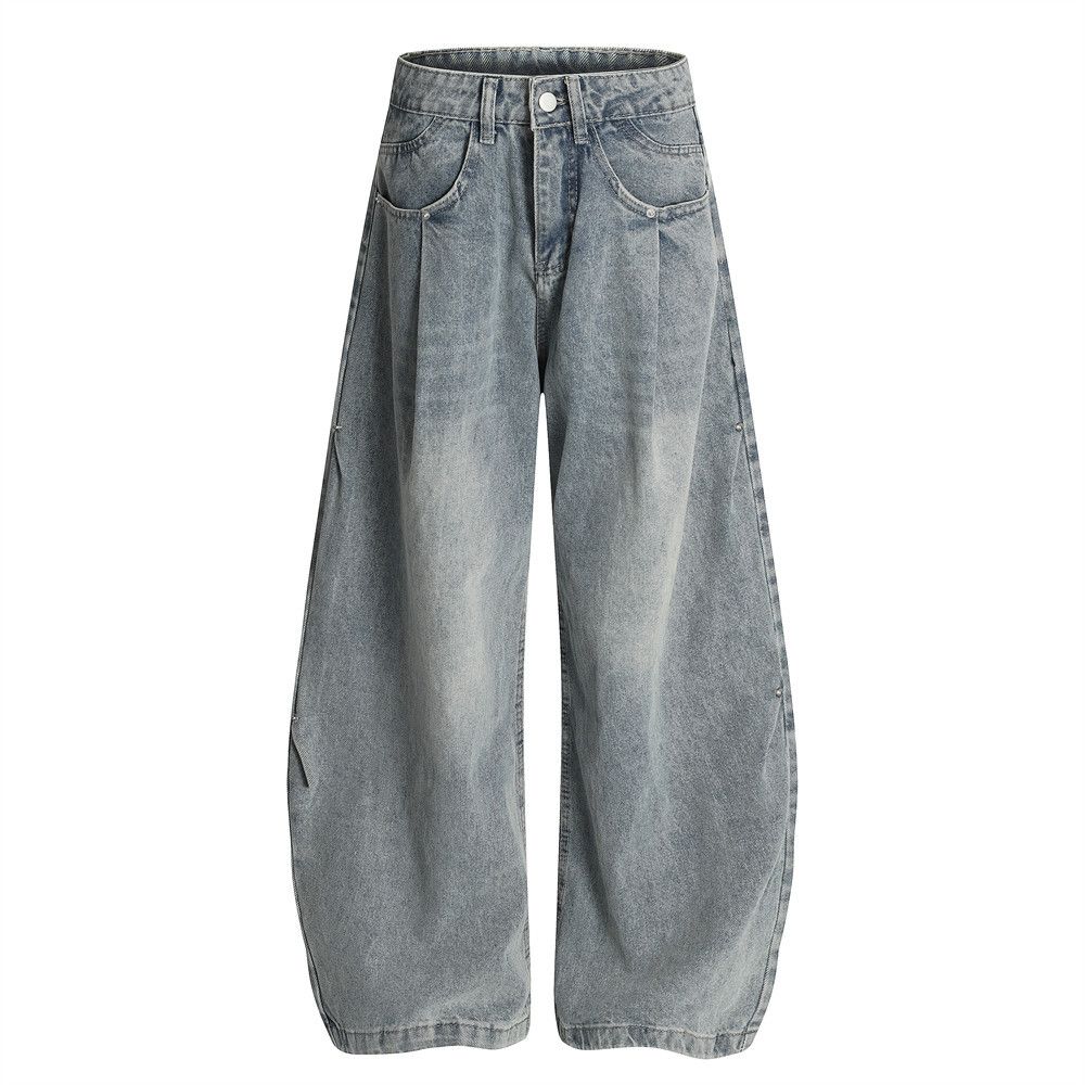 Washed Vintage Scimitar Jeans For Men Street Style Rivet Pleated Design Loose Fit Wide Leg Pants_mkmklike.com