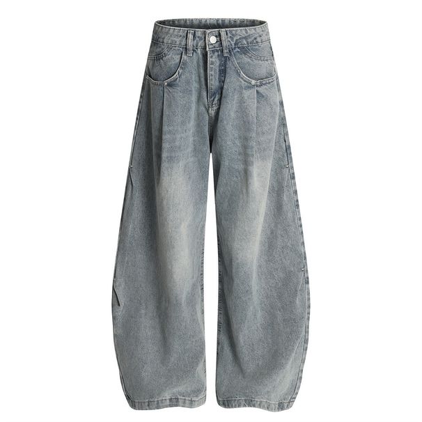 Washed Vintage Scimitar Jeans For Men Street Style Rivet Pleated Design Loose Fit Wide Leg Pants_mkmklike.com