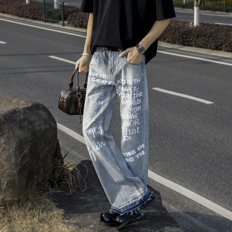 Men's Graffiti Print Distressed Jeans – Vintage Washed Denim Pants With Streetwear Style For Hip-Hop & Urban Fashion_mkmklike.com