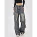 Plus-size American High-street Multi-pocket Workwear Jeans For Women, With A Unique Design, Loose Fit, Slimming Effect,_mkmklike.com