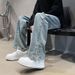 American Vibe Pants High Street Trendy Brand Ins Ripped Jeans Men's Design Breasted Split Wide-leg Trousers_mkmklike.com