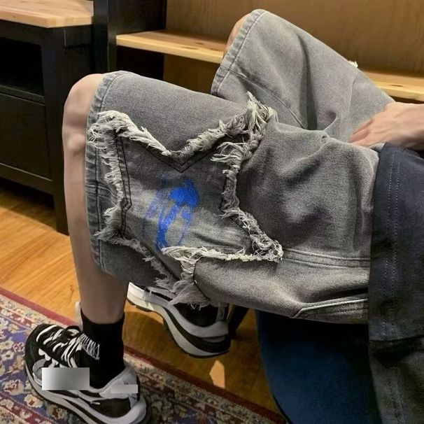 Men’s Clothing Denim Shorts Men's Summer Embroidered Stars High Street Ins Trendy Brand Loose 5 Point Pants Retro Trendy Brand Pants_mkmklike.com