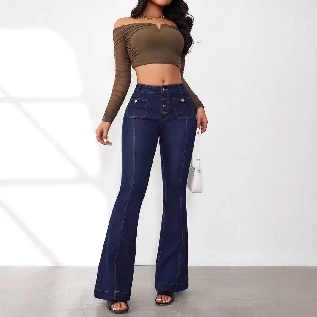 Women's Clothing Buttoned Up Slim Fit Bootcut Jeans For Women High Waisted Spliced trousers_mkmklike.com