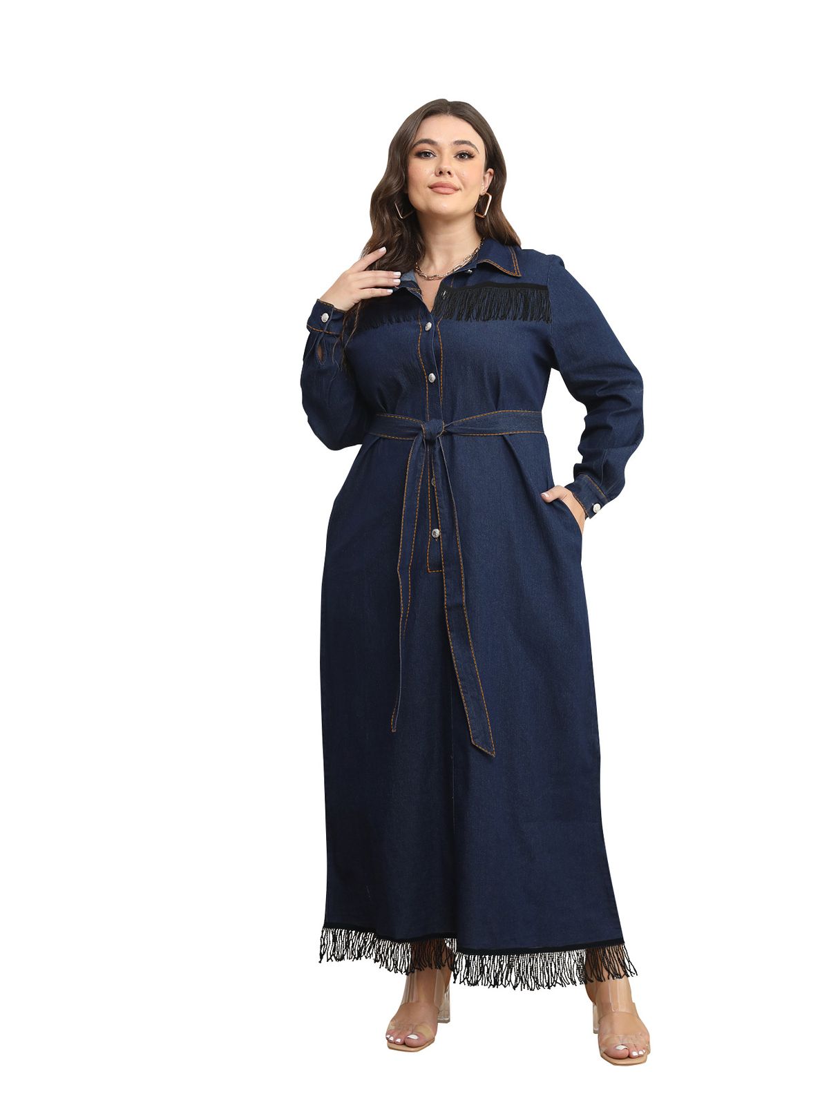 K Plus-size Women's Denim Dress With Fringed Long Sleeves And A Front Opening Dress._mkmklike.com
