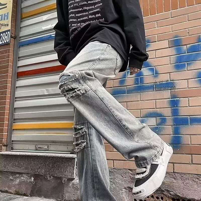 Men's Summer Ripped Straight Leg Jeans Muddy Color Streetwear Brand Stylish Comfortable Denim Jeans_mkmklike.com