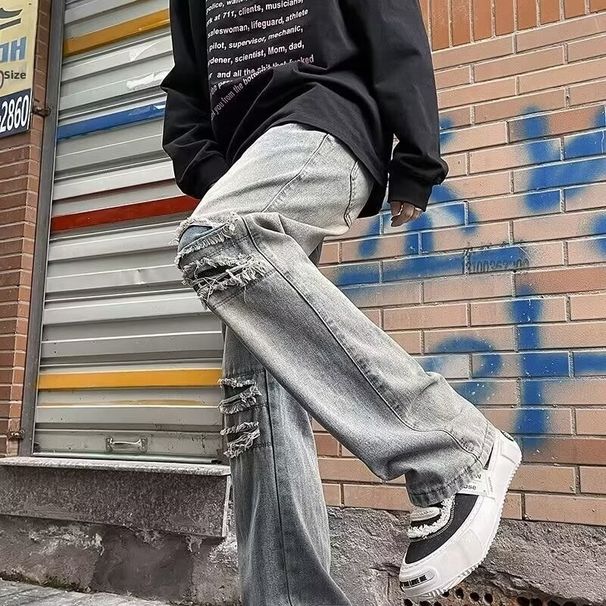 Men's Summer Ripped Straight Leg Jeans Muddy Color Streetwear Brand Stylish Comfortable Denim Jeans_mkmklike.com
