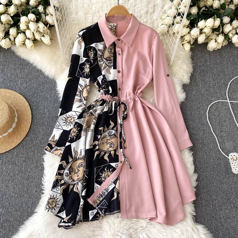 Women's Clothing printed splicing temperament long sleeved dress _mkmklike.com