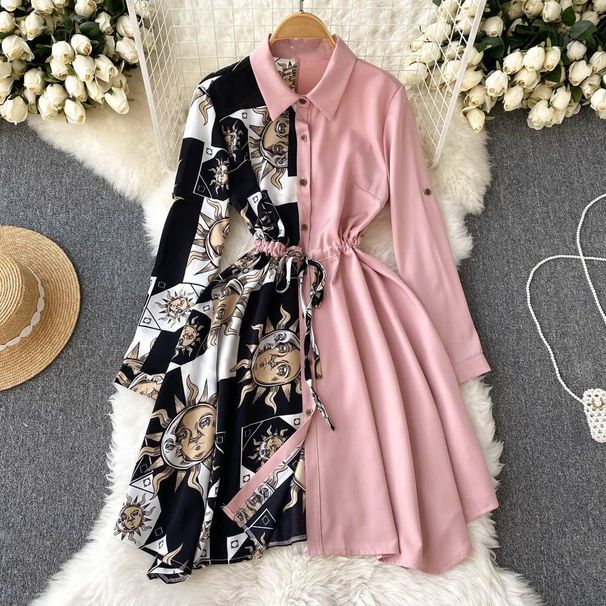 Women's Clothing printed splicing temperament long sleeved dress _mkmklike.com