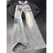 Unisex High Street Flare Jeans With Angled Lightning Design, Slim Fit Vintage Washed Denim Pants For Leg Lengthening Effect_mkmklike.com