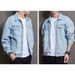 Men's Denim Jacket With Distressed Details – Oversized Boyfriend Fit, Casual Streetwear, Unisex Couple Outfit (Light Blue, S-XXXL)_mkmklike.com