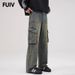 FUIV American High Street Washed Workwear Jeans, Men's And Women's Multi Pocket Loose Straight Leg Casual Pants_mkmklike.com