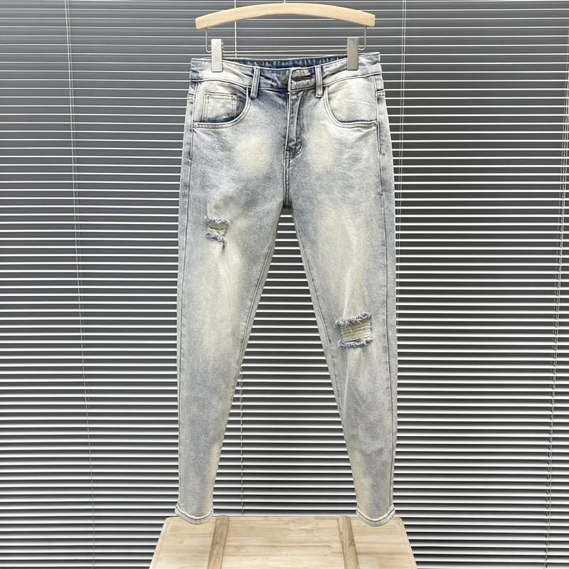 Men's Fashion All-Match Light Blue Ripped Jeans Men's Style Slim-Fit Skinny Pants Washed Elastic Nine-Point Pants_mkmklike.com