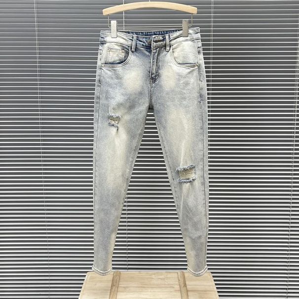 Men's Fashion All-Match Light Blue Ripped Jeans Men's Style Slim-Fit Skinny Pants Washed Elastic Nine-Point Pants_mkmklike.com