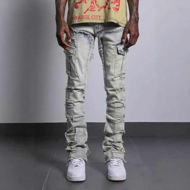Men's Stretch Denim Pants – Slim Straight-Leg Jeans With Patchwork Details, Vintage Wash & Comfort Fit For Streetwear & Casual Style_mkmklike.com