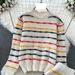 Women's Clothing Women's fashion color contrast knit suit cream ice cream striped top slimming slit skirt_mkmklike.com