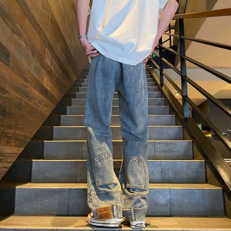 High Street Fashion Reverse-Wear Flared Jeans For Men - Relaxed Straight Wide Leg Retro Denim Pants_mkmklike.com