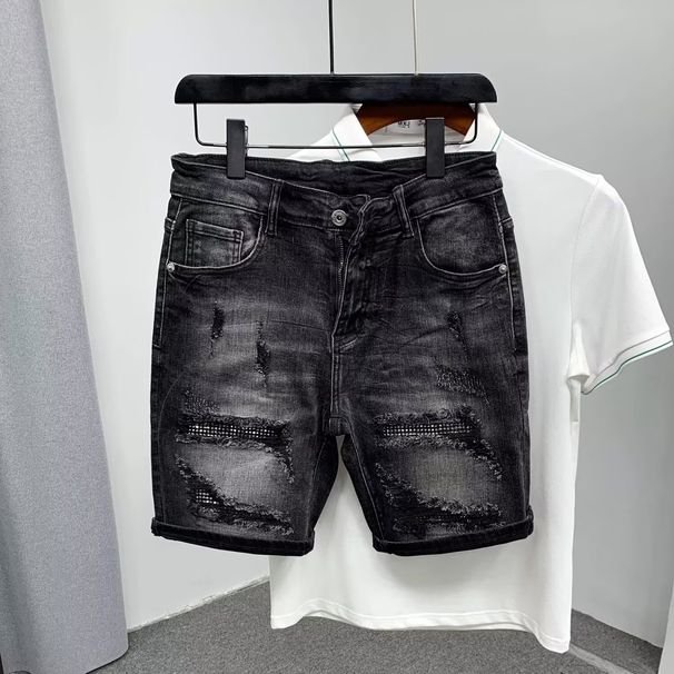Men's Distressed Denim Shorts Trendy Black And Gray Patchwork Stretch Slim Fit Casual Streetwear 5-Inch Inseam_mkmklike.com