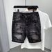 Men's Distressed Denim Shorts Trendy Black And Gray Patchwork Stretch Slim Fit Casual Streetwear 5-Inch Inseam_mkmklike.com