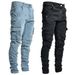 Straße Elastische Jeans Männer Denim Cargo Hosen Waschen Einfarbig Multi Taschen Casual Mittlere Taille Hose Slim Fit Täglichen Tragen Jogger_mkmklike.com