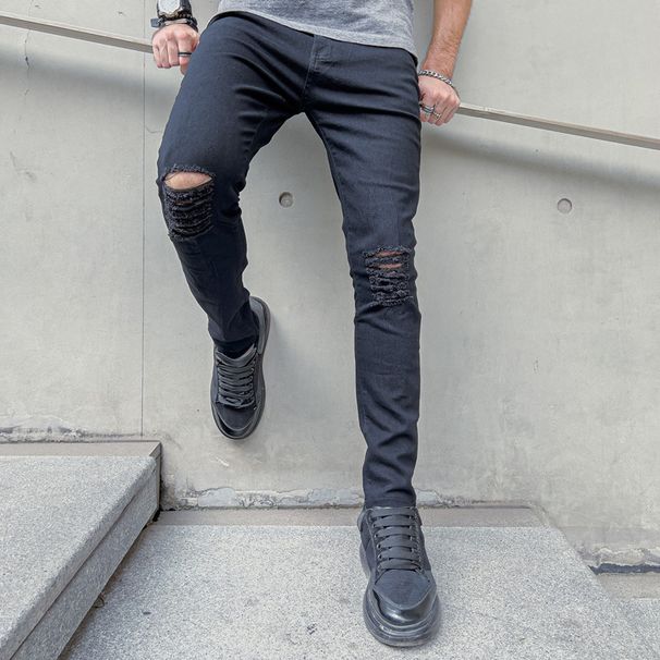 Men's Clothing Denim Pure Black Slim Fit Skinny Elastic Men's Slim Fit Jeans Selfie Photos_mkmklike.com