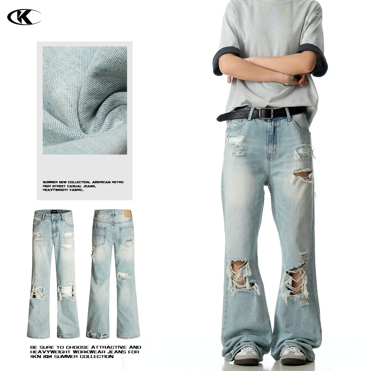 Men's Clothing Vintage Washed Blue Distressed Flared Jeans For Men & Women - High Street Vibe, Loose Fit, Slimming Summer Casual Pants_mkmklike.com