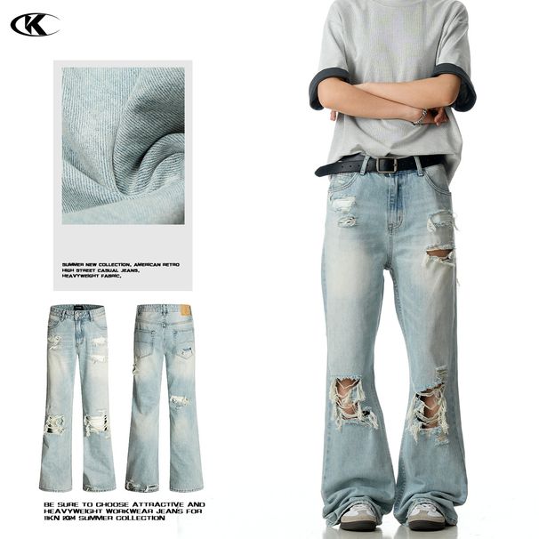 Men's Clothing Vintage Washed Blue Distressed Flared Jeans For Men & Women - High Street Vibe, Loose Fit, Slimming Summer Casual Pants_mkmklike.com