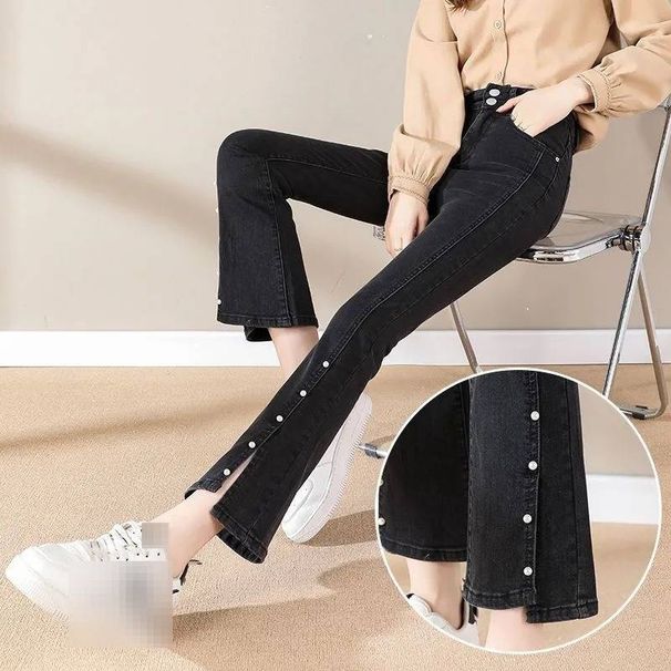 High Waist Flared Jeans For Women - Stretchy Split Hem Bootcut Pants (Black/Blue, 8/9 Length)_mkmklike.com