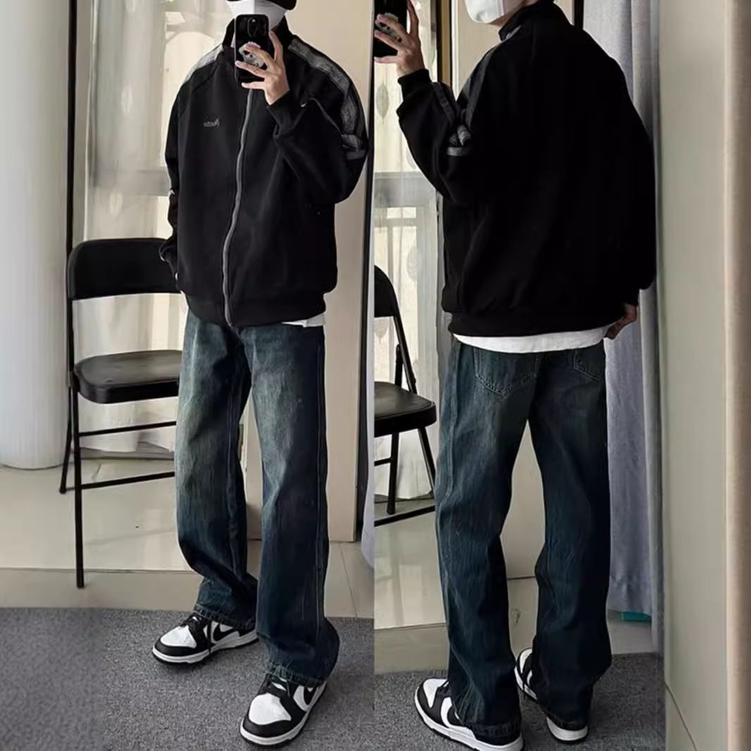 American Retro Blue Jeans Boys Wear Autumn High-end Casual Pants Trendy Loose Straight Wide-leg Trousers_mkmklike.com