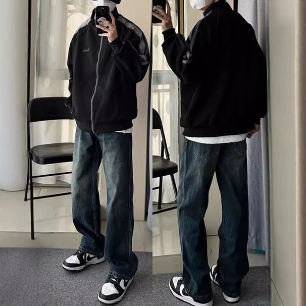 American Retro Blue Jeans Boys Wear Autumn High-end Casual Pants Trendy Loose Straight Wide-leg Trousers_mkmklike.com