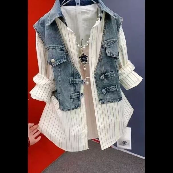 Fashionable Denim Shirt For Women - Casual Two-Tone Stripe Design With Polo Collar, Long Sleeve & Versatile Styling_mkmklike.com